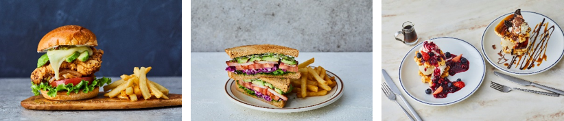 ▲左から、J.S.チキンバーガー、6ベジタブルバーガー、ワッフルイメージ