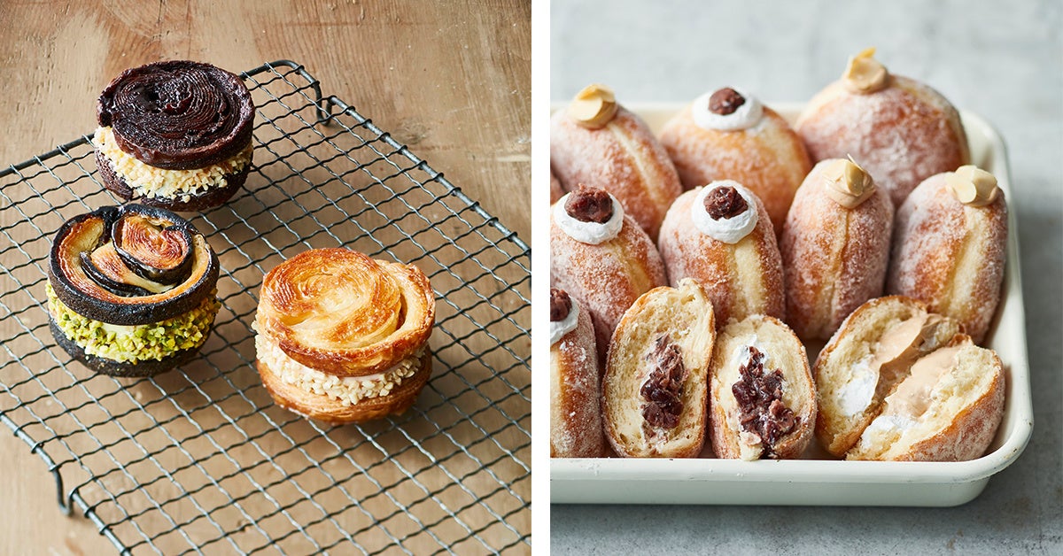 左）クイニーアマンサンド、右）生絞りクリームドーナツ