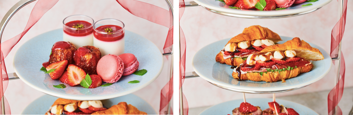 上段）マカロン 、カヌレ、苺のパンナコッタ、旬の夏苺／中段）夏苺のカプレーゼ風クロワッサンサンドイッチ　※写真は2名様分