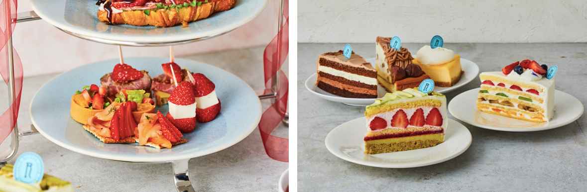 下段）クリームチーズと夏苺のピンチョス、スモークサーモンと夏苺のカナッペ、ローストビーフと夏苺のカナッペ、夏苺のフルーツサラダ／お好みのカットケーキからお一つお選びいただけます。