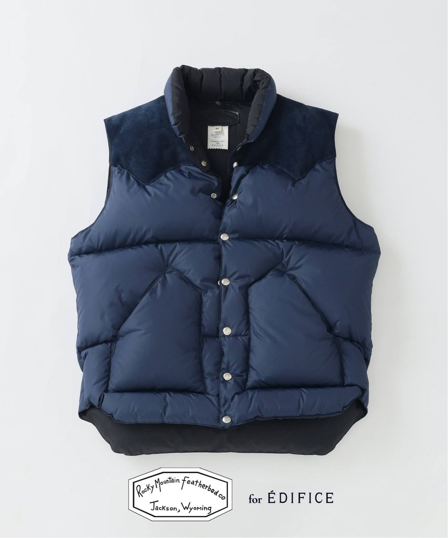 Rocky Mountain Featherbed × ÉDIFICE｜名作「Down Vest」をスエードヨークと特別なカラーリングで再解釈した別注モデルが登場。