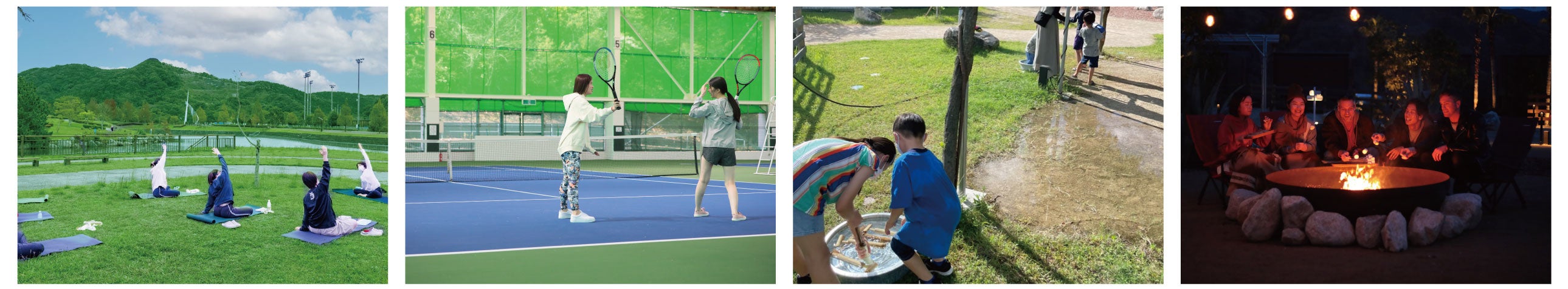 朝ヨガ、テニス、水遊び、キャンプファイヤーなど
