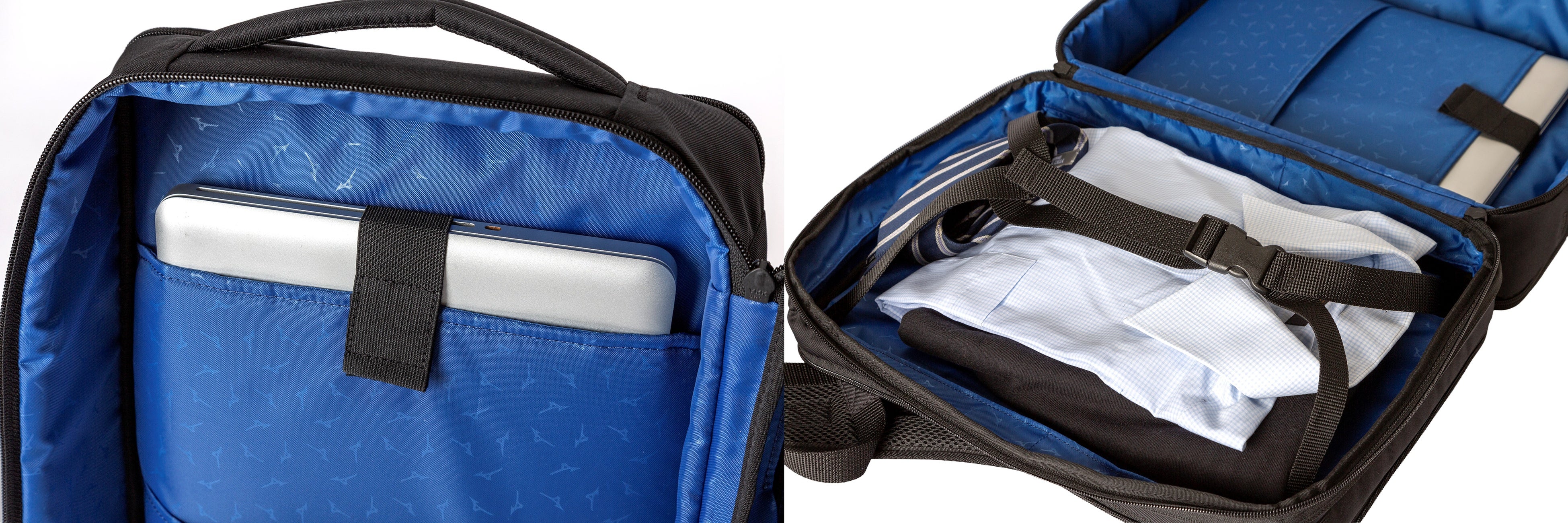 左：PC専用ポケットを設置　右：1泊出張にも使える収納力