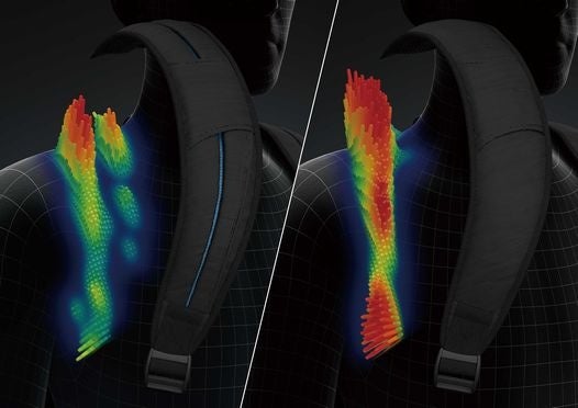 左：スプリットストラップ　　右：ミズノ従来モデル&nbsp; 　左右2つに分割したクッション構造で荷重を分散