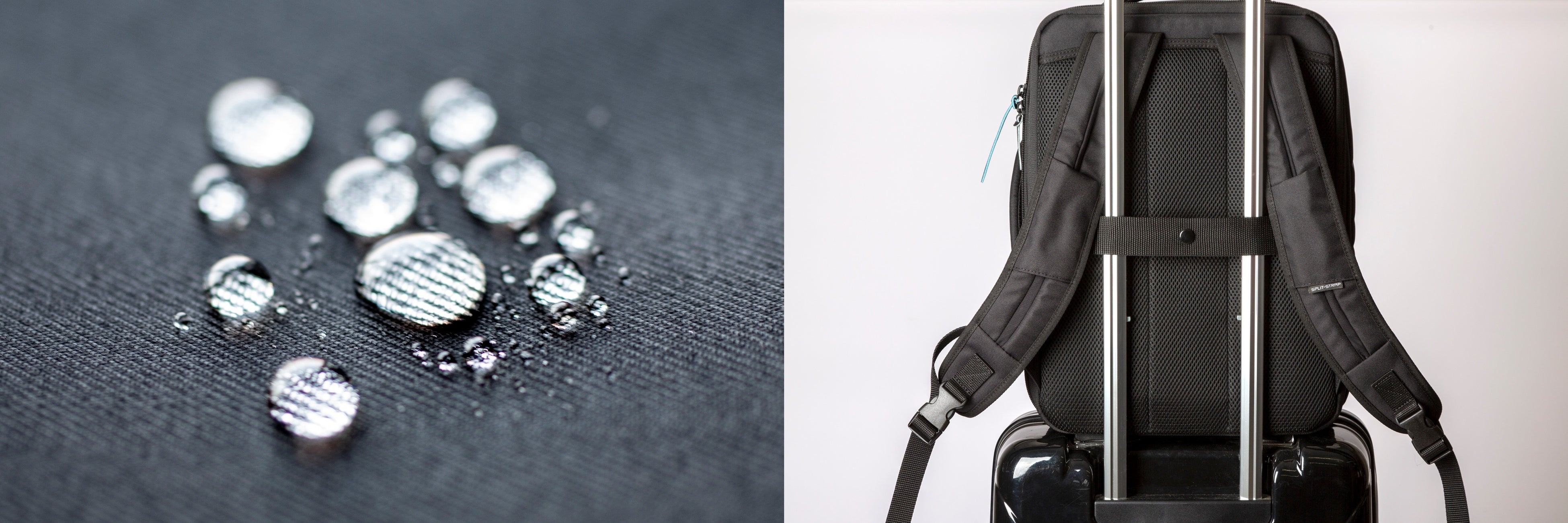 左：コーデュラポリエステルによる優れた撥水性　右：キャリーケース用ベルトを搭載