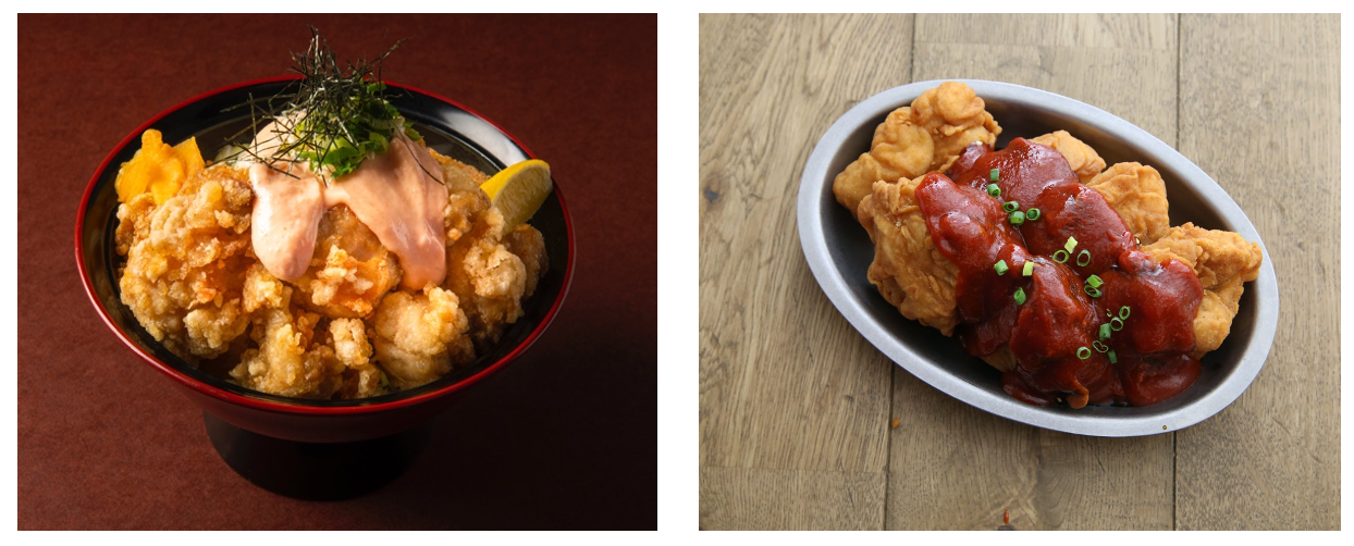 同⼀⾷材を使ったメニュー （左）伊勢ゐ「明太⼦マヨネーズ唐揚げ丼」、（右）韓国⾷堂GAJAgo「韓国フライドチキンンヤンニョム」