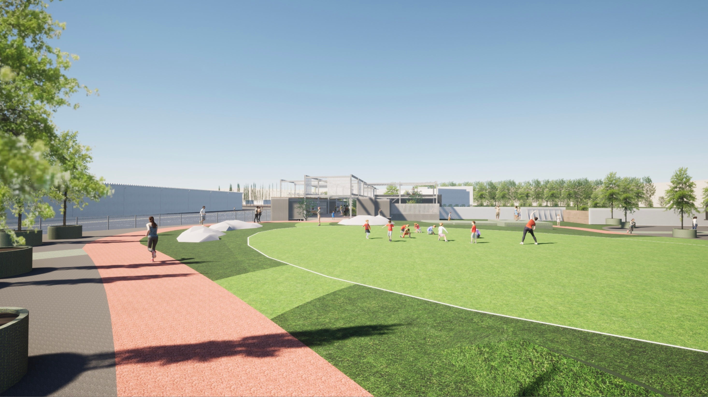 多目的広場：健康促進やコミュニティ形成のための地域に開かれた公園があります。