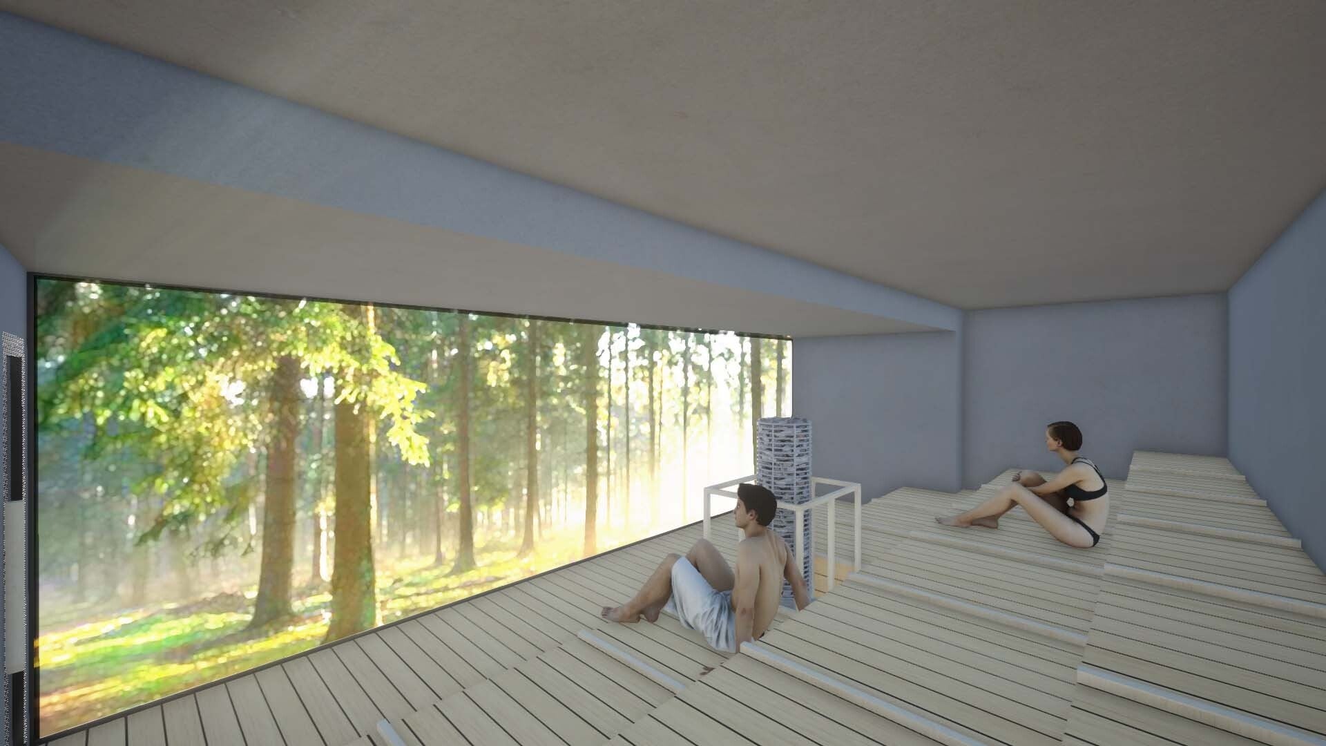 ＜共用サウナ：大人数が入浴可能なエンタメサウナでは、大型モニターから大迫力の映像が流れます。＞