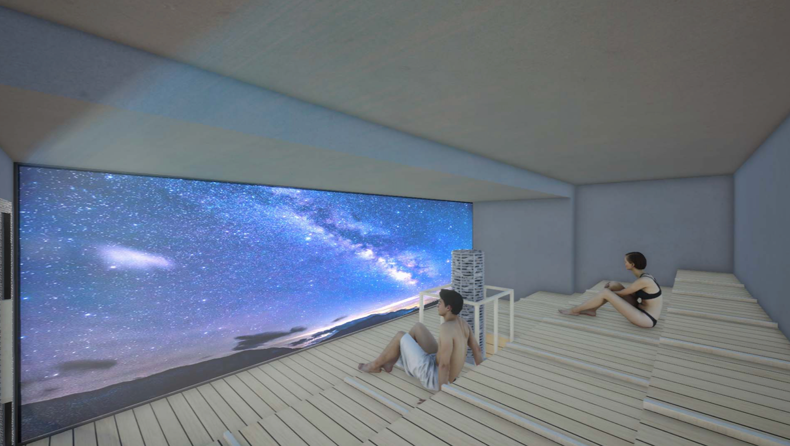 ＜共用サウナ：大人数が入浴可能なエンタメサウナでは、大型モニターから大迫力の映像が流れます。＞