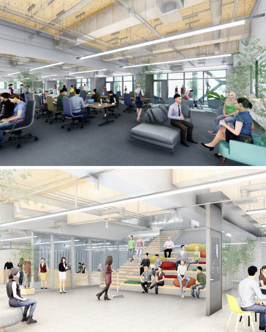 上：基準階オフィスフロア 下：シェアオフィス（４階）共有ラウンジ 上階のコンクリート床の裏面に「MI デッキ」を使用。型枠が そのまま仕上げとなり、天井材なしで美観を確保できること から、天井高さも高くなり、快適性の向上に寄与します。