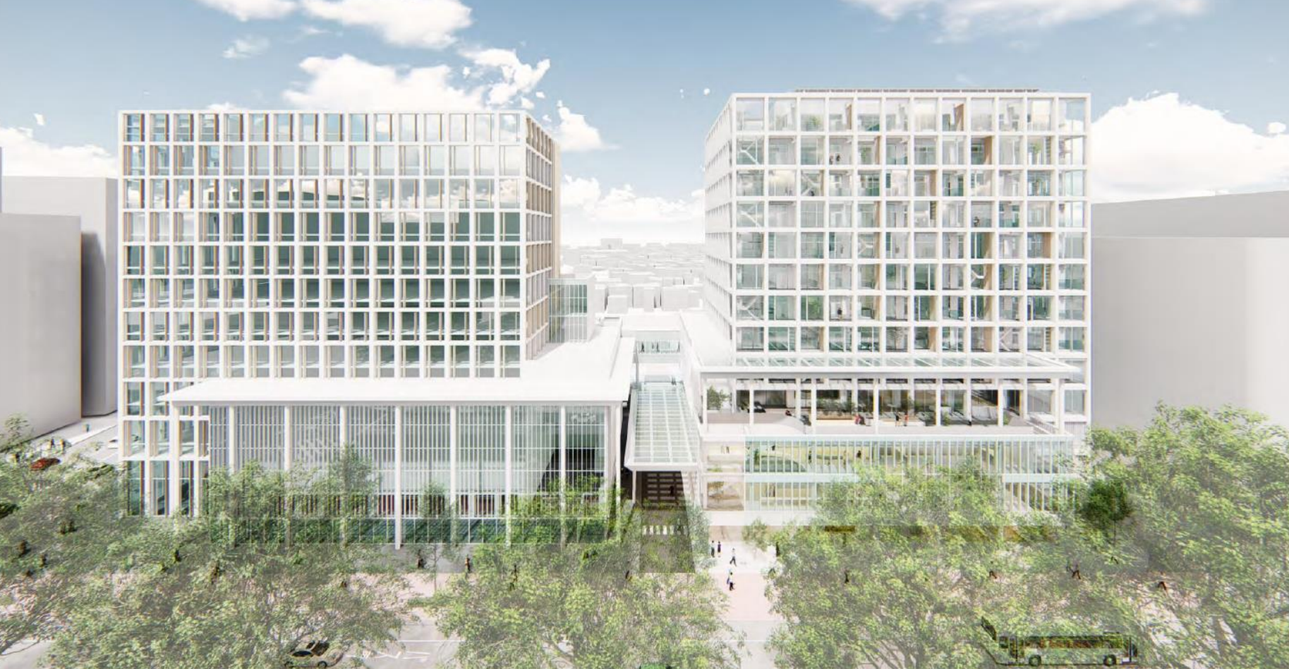 竣工イメージ。 「Hirooka Terrace」（右）と「北國銀行本店」（左：2014 年竣工、設計監理：三菱地所設計）