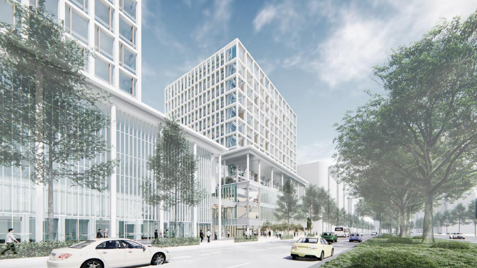 「けやき大通り」沿いからのイメージ。手前に「北國銀行本店」。けやき大通りに面するテラスが「庇」として機能し環境性能の向上に寄与。