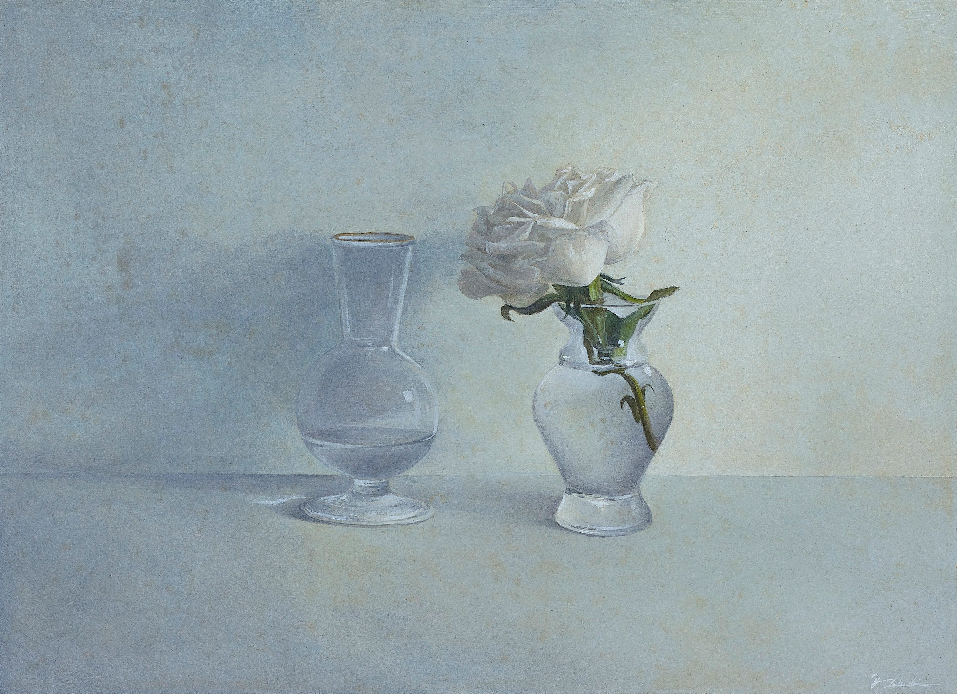 「白薔薇と硝子の静物」 H33xW24㎝ パネル、綿布、油彩
