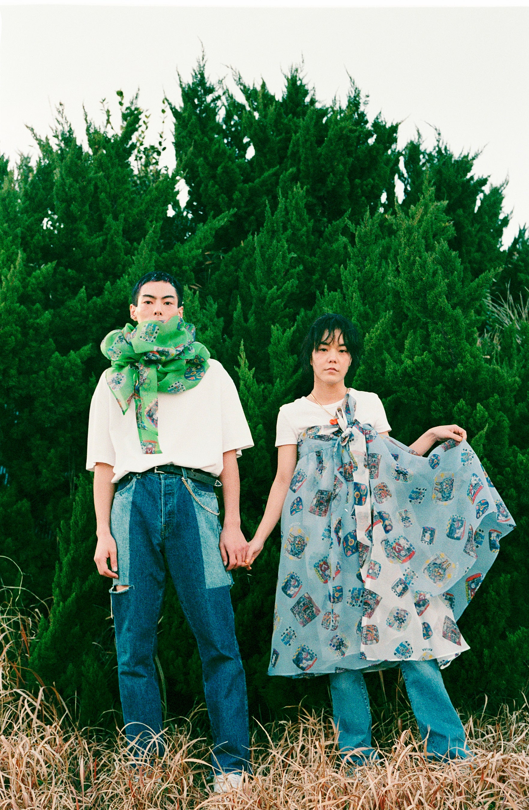 スカート（グリーン・グレイッシュパープル）