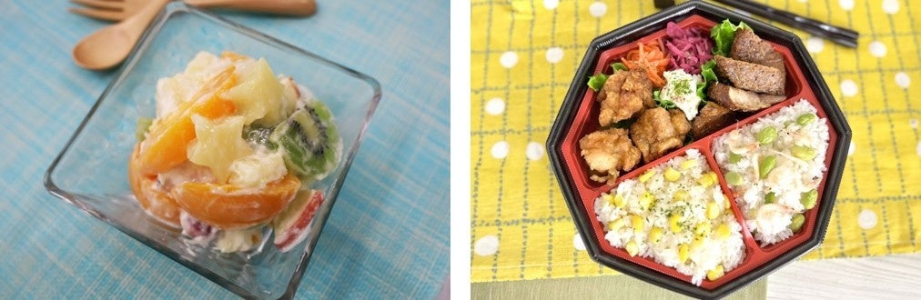 （左）2種の桃入り　ミックスフルーツサラダ・（右）初夏を楽しむ！唐揚げ＆スペアリブ弁当