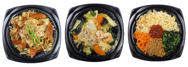 1日に必要な野菜3分の1使用！回鍋肉丼（左）／同 中華丼（中央）／同 ビビンバ丼（右）