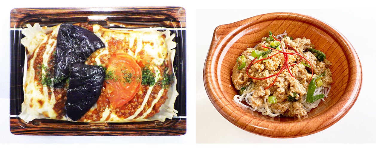 (左)大豆ミートソースのドリア／(右)大豆ミートの春雨担スープ（レンジアップ商品）