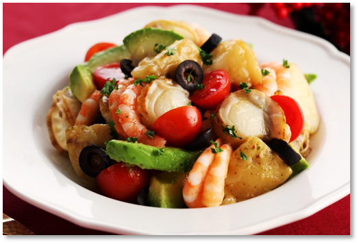 青森県産帆立と海老のアーリオオーリオ風サラダ