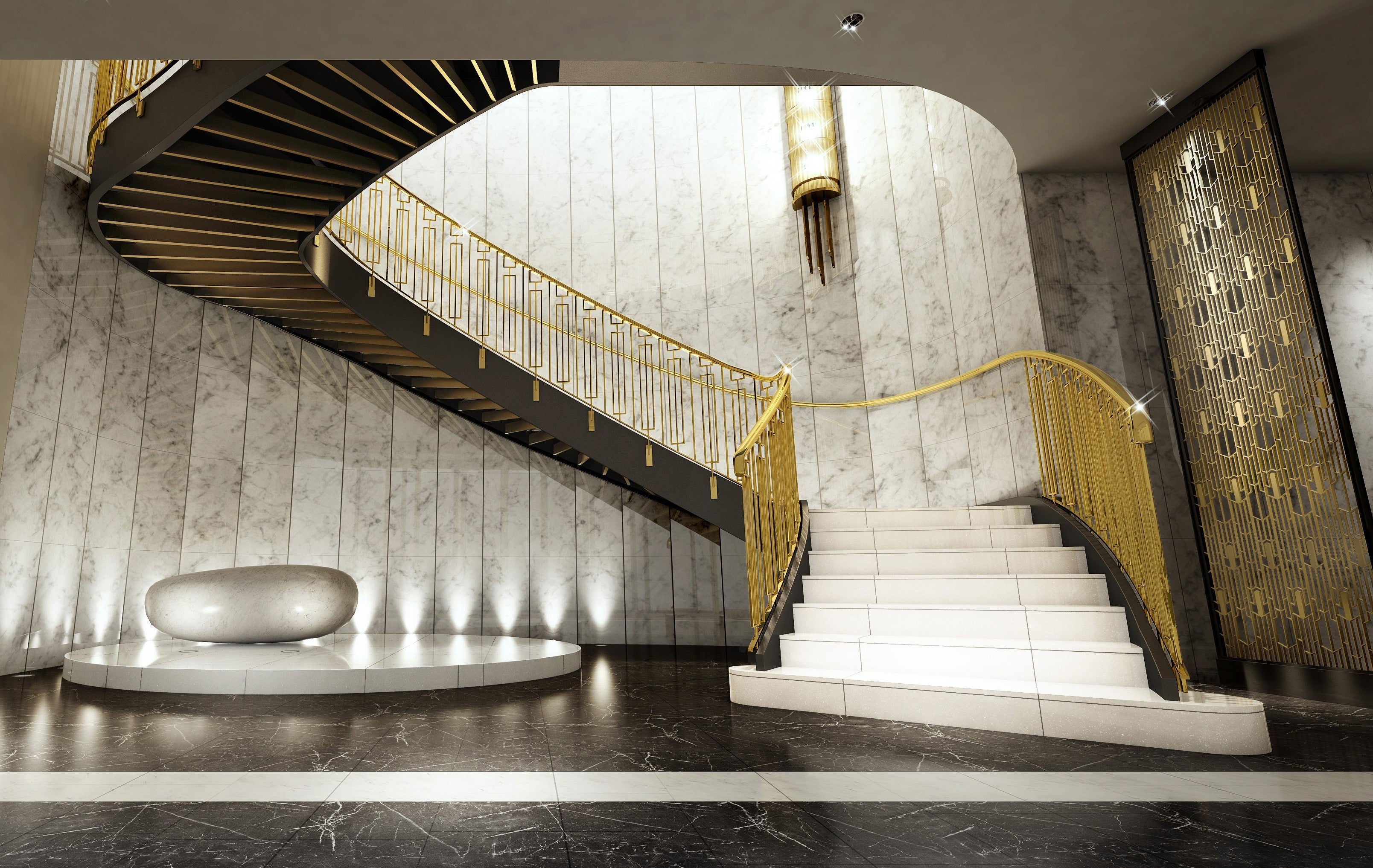 光を反射するきらびやかな白や金、銀、黒というアール・デコの代表的な配色を用いたエントランス