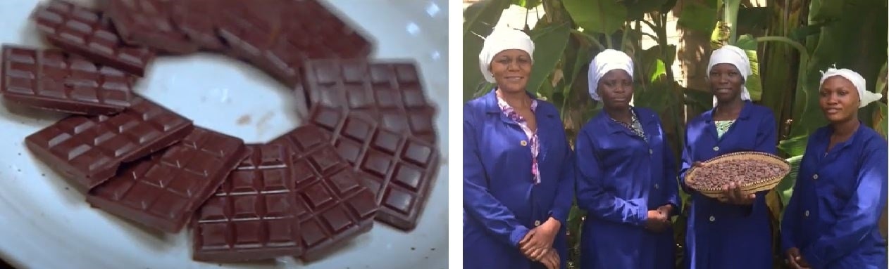 （左）講座で作ったオーガニックチョコレート 　　　　　　（右）当社が直接取引しているウガンダの農場の皆さん