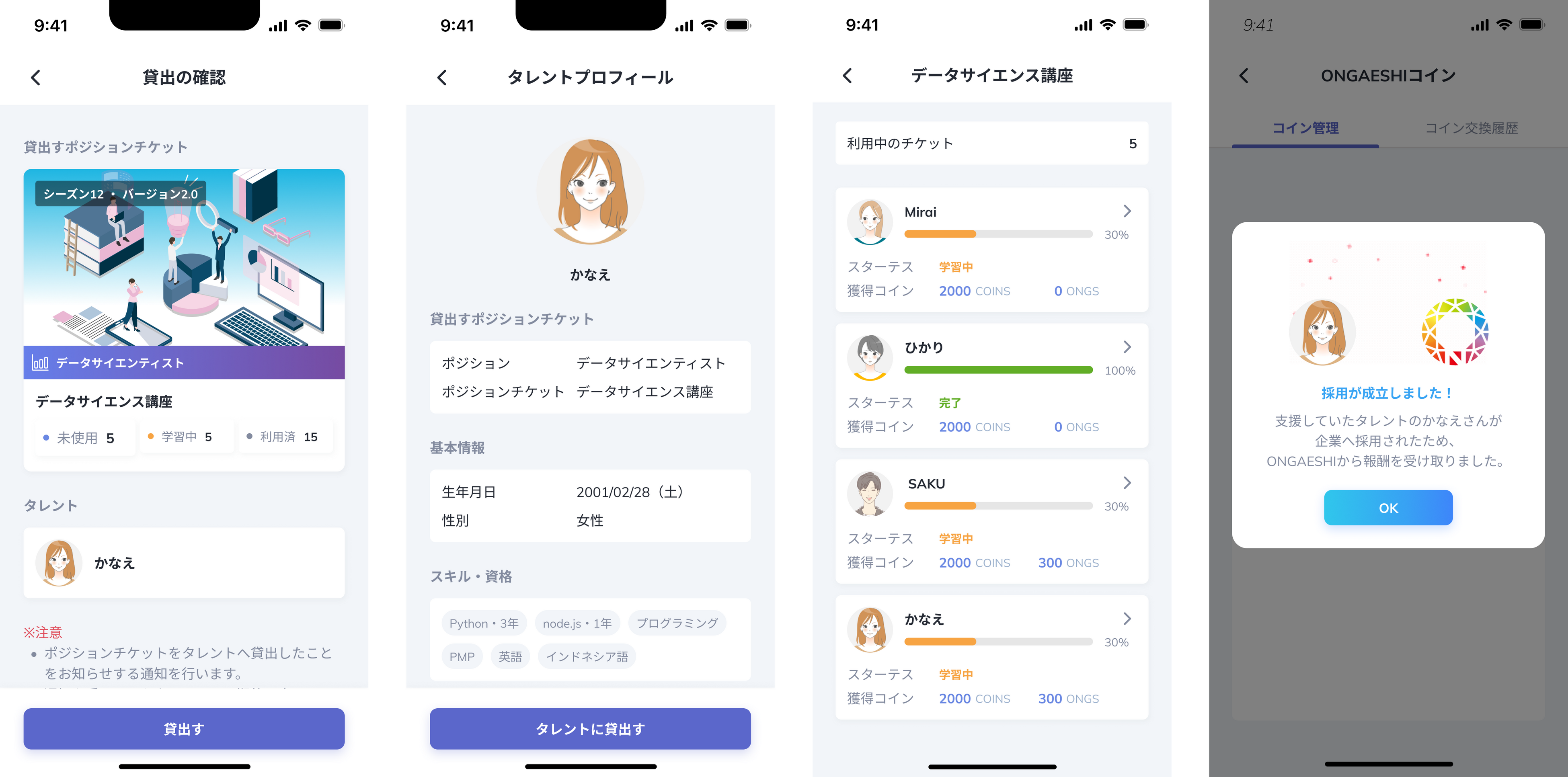 左から： ①支援したいタレントを選び、購入したポジションNFTを貸出す ②支援したいタレントはスキル・資格、自己PR文章などから決められる ③支援したタレントの講座進捗を確認 ④タレントが転職するとトークンが付与されONGAESHIされる（今後リリース予定