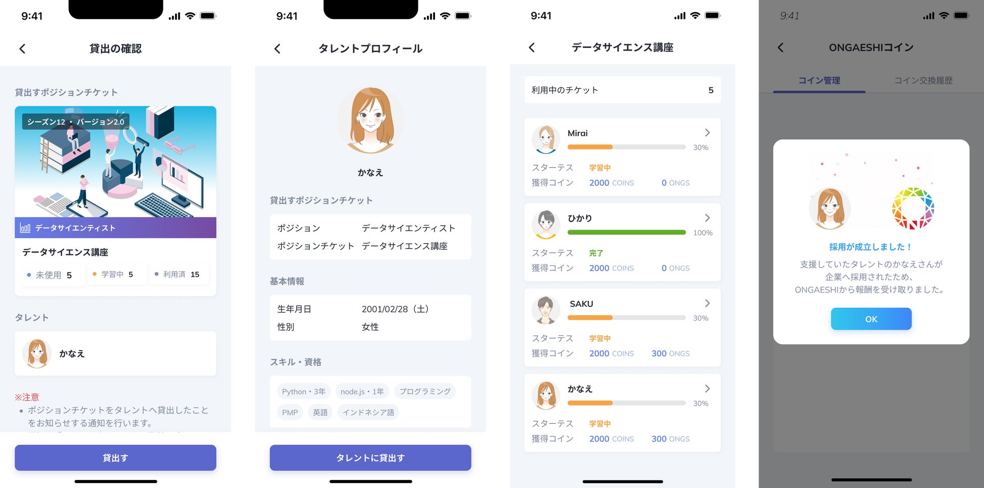 左から: ①支援したいタレントを選び、購入したポジションNFTを貸出す ②支援したいタレントはスキル・資格、自己PR文章などから決められる ③支援したタレントの講座進捗を確認 ④タレントが転職するとトークンが付与されONGAESHIされる(今後リリース予定