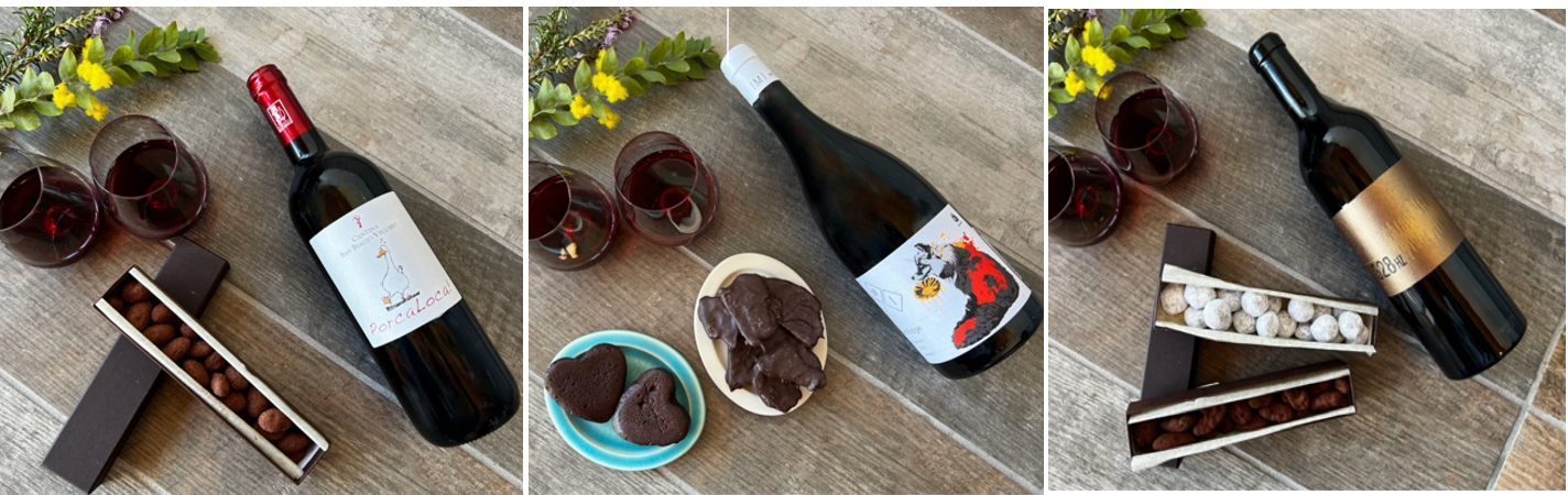 【左】①薄旨赤ワインとナッツチョコ【中央】②スパイシー赤ワインとジンジャーチョコ【右】③フルボディな赤ワインとチョコ２種