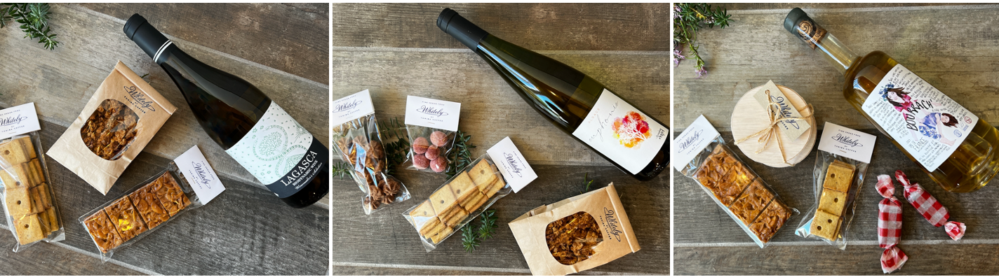 【左】①ハーブと果実感ある白ワインとスイーツ３種【中央】②大人フルーティな白ワインとスイーツ４種【右】③春の花を連想させる白ワインとスイーツ４種