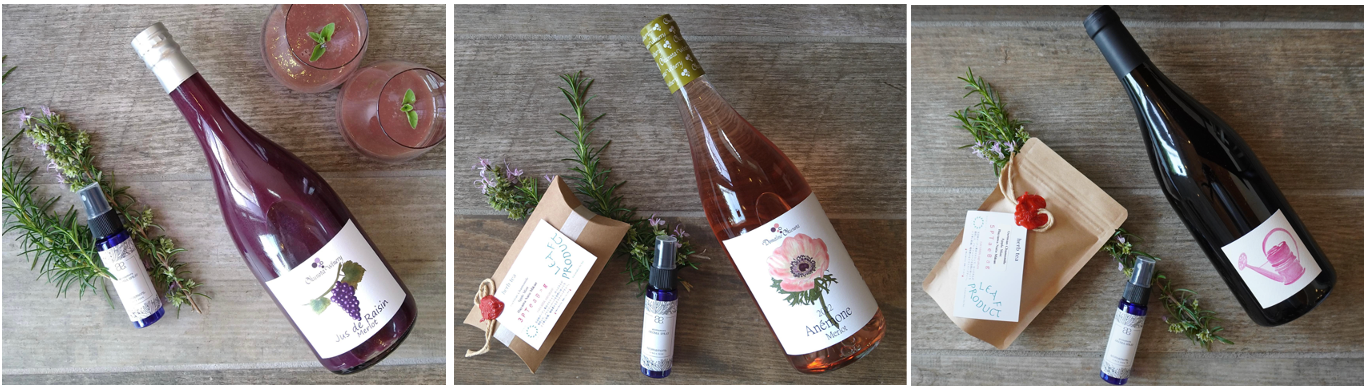 母の日ギフト３種類。ワインとアロマオイルスプレーの他に、プレミアム葡萄ジュースやハーブティのセットもある