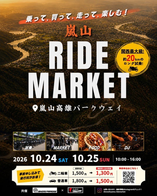 約20kmのロング試乗を京都・嵐山で。「-バイカーズパラダイス- 嵐山 RIDE MARKET」10月24日・25日開催 約20kmのロング試乗を京都・嵐山で。「-バイカーズパラダイス- 嵐山 RIDE MARKET」10月24日・25日開催