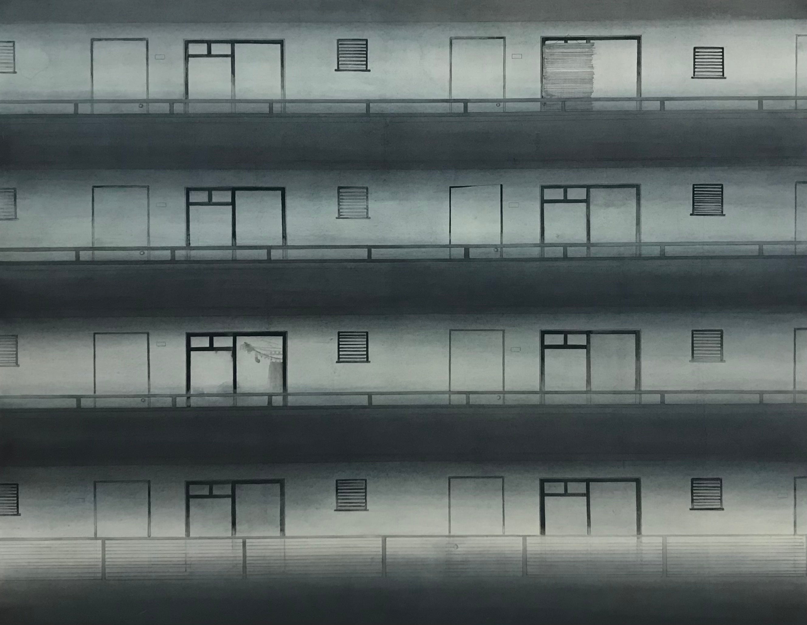 張静雯（チャン・ジンウェン）「扉の向こう」 (2021)  Ink, Suihi-enogu(mud pigments), Iwa-enogu(mineral pigments), kumohada hemp paper, 116.7×91cm