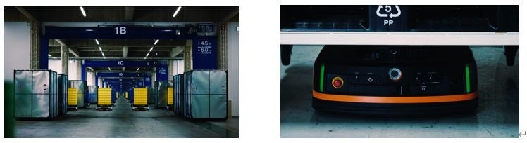 床に貼られたラベルを読み込んで無人搬送車(AGV) が動作するシーン