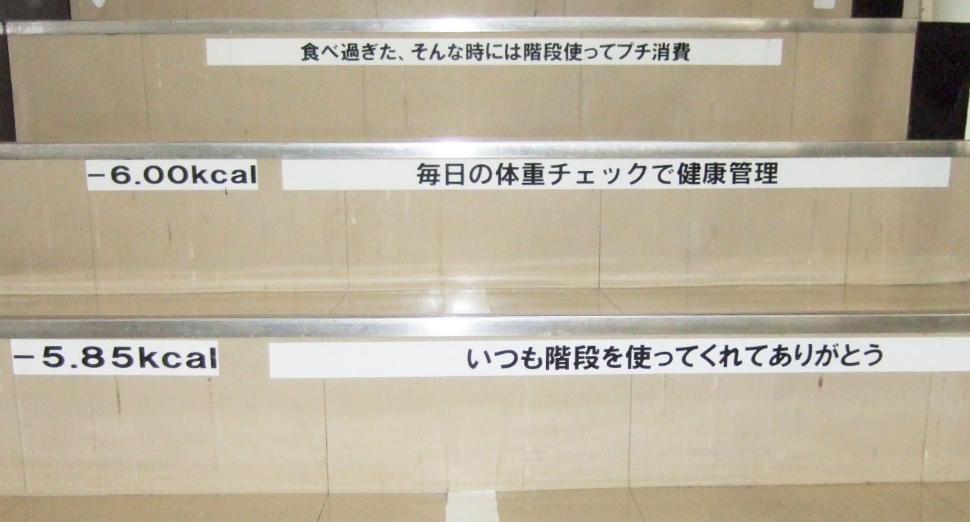 工場の階段に表示している消費カロリーとメッセージ