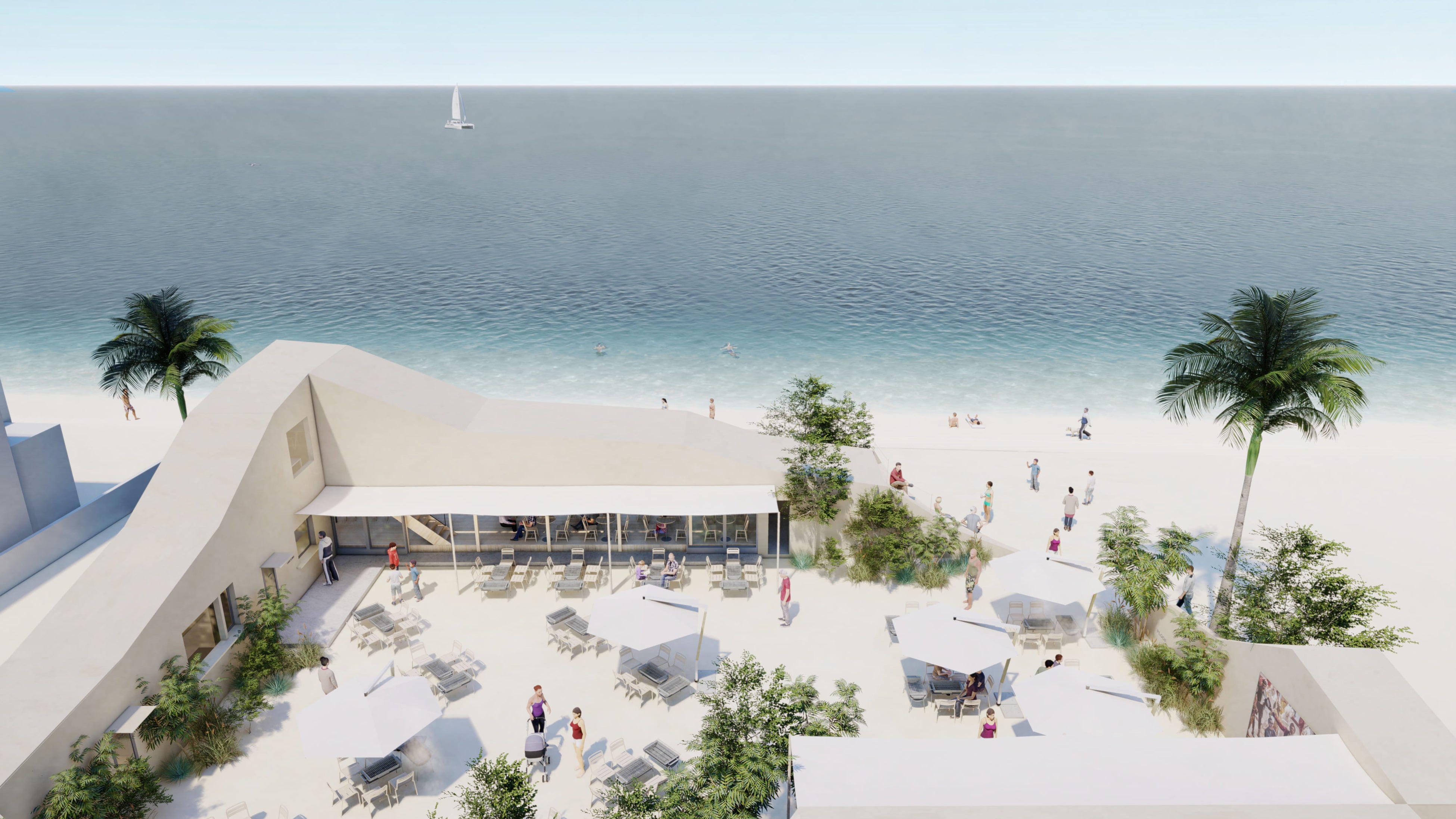 施設から美しい海側の風景を臨む