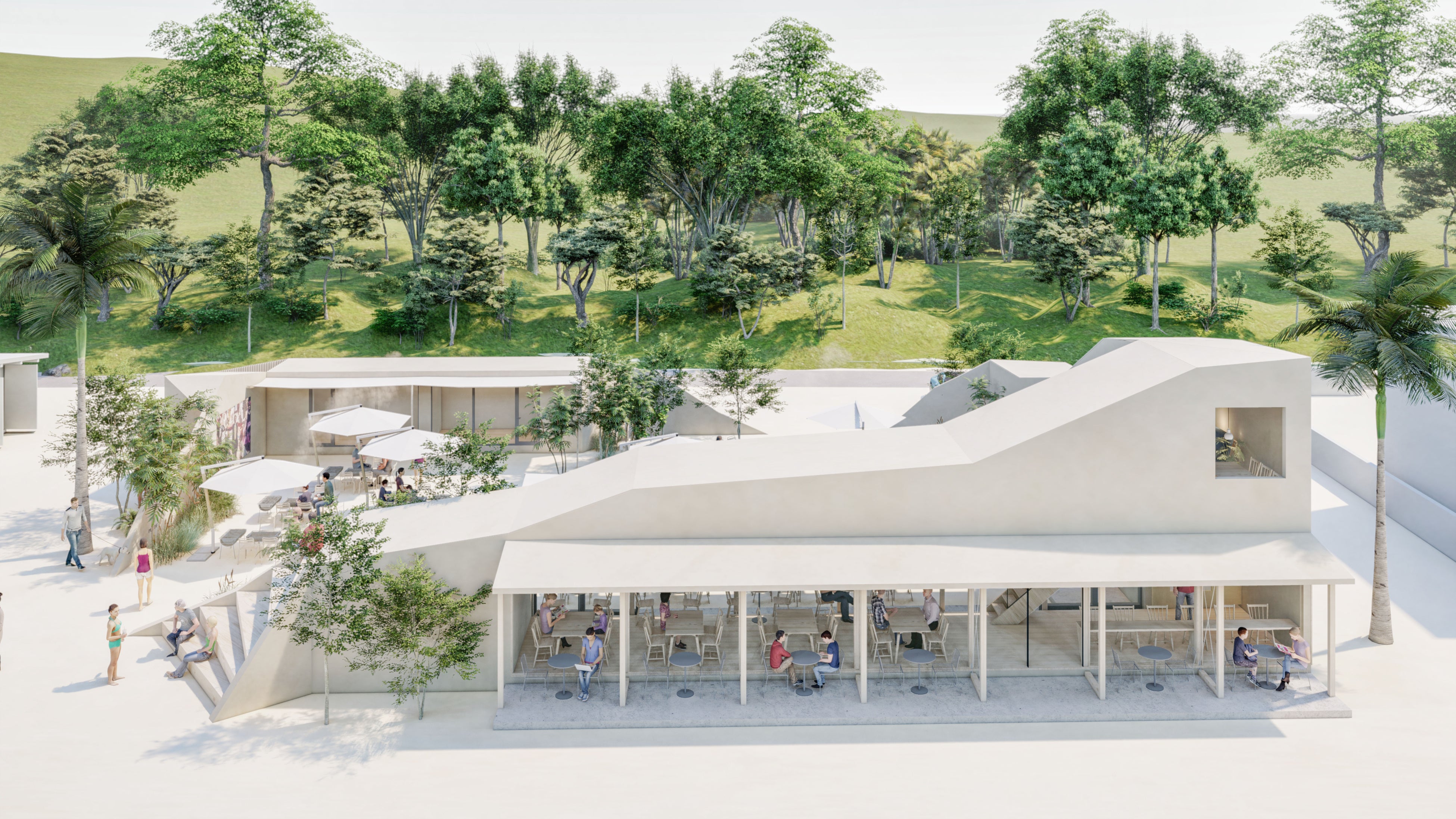 海側(手前)から吹く強風から敷地を守る細長い建物