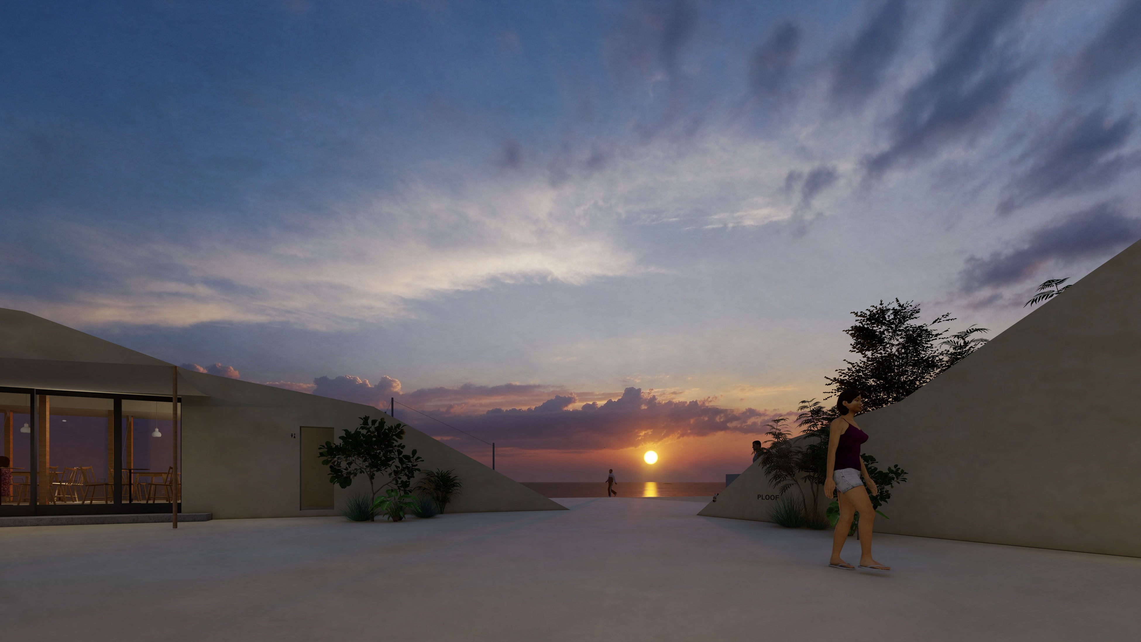 夏場に夕日が落ちる位置を基準に、砂浜に向けた開口部を設計した