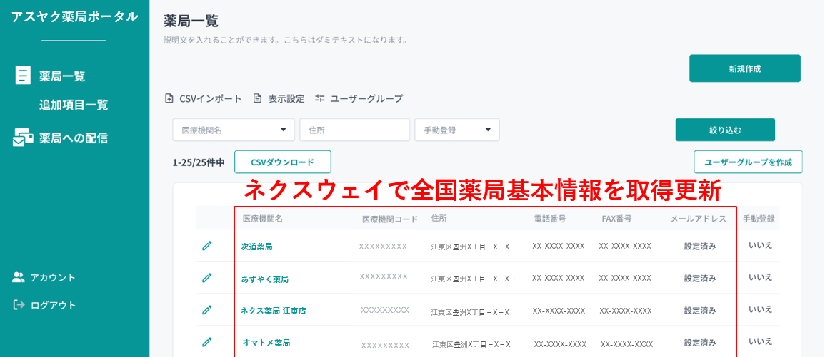 都道府県薬剤師会の画面イメージ（薬局一覧管理）