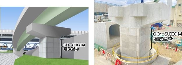 CO2-SUICOM埋設型枠の導入 完成パースと橋脚写真
