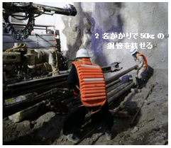 鋼管をガイドシェルに人力で載せる作業(従来)