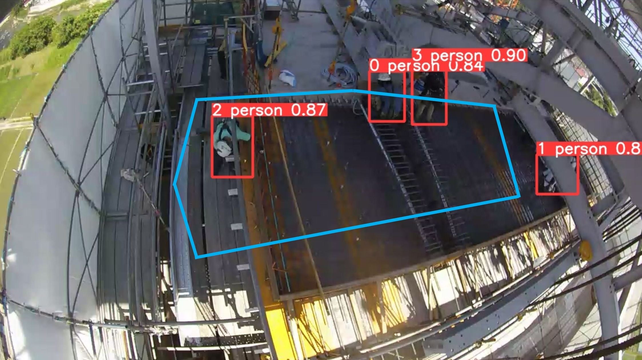 作業エリアを設定した撮影状況（赤枠は画像AIが認識・検出した技能者、青枠は技能者の人数カウントを行う作業エリア）