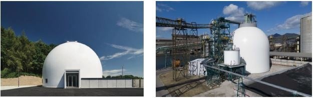 KTドーム施工実績（左：自社施設、右：トクヤマの原料用大型サイロ）