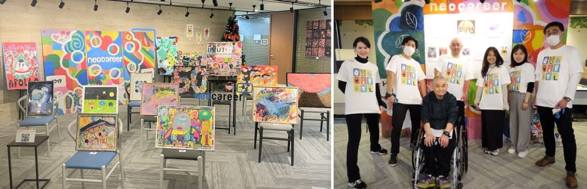 ＜左＞ネオキャリア社内にて展示された個性豊かなアート作品の数々 ＜右＞表彰式当日に三浦様が出展された作品をプリントしたＴシャツを着用した当社社員と三浦様（写真中央）