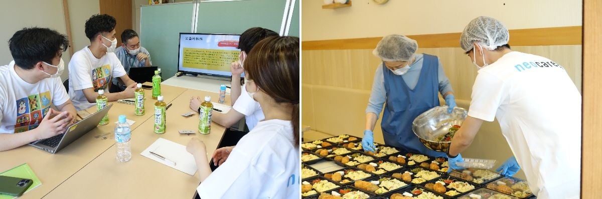 ＜左＞ディスカッションを行う社会福祉法人サンの職員と当社社員　＜右＞お弁当作りの様子