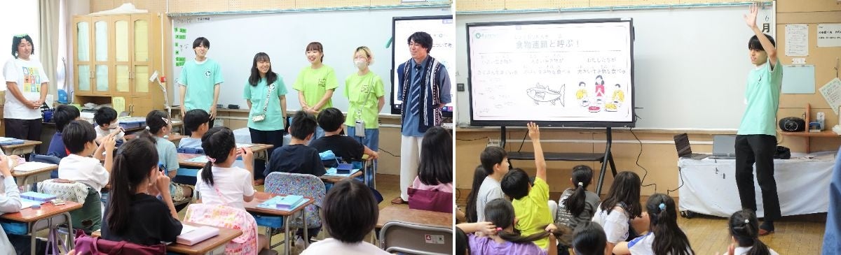 児童の皆さんに自己紹介を行う当社サステナブル推進担当と環境ロドリゲスの学生 ＜右＞分かりやすく丁寧な授業を行う環境ロドリゲスの学生