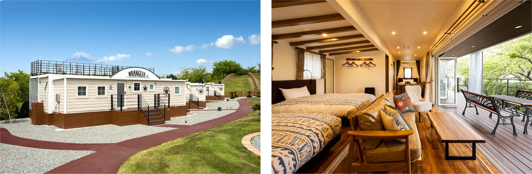 グランピング 外観 イメージ　　　　　　　　　　　　　　　グランピング 客室内 一例