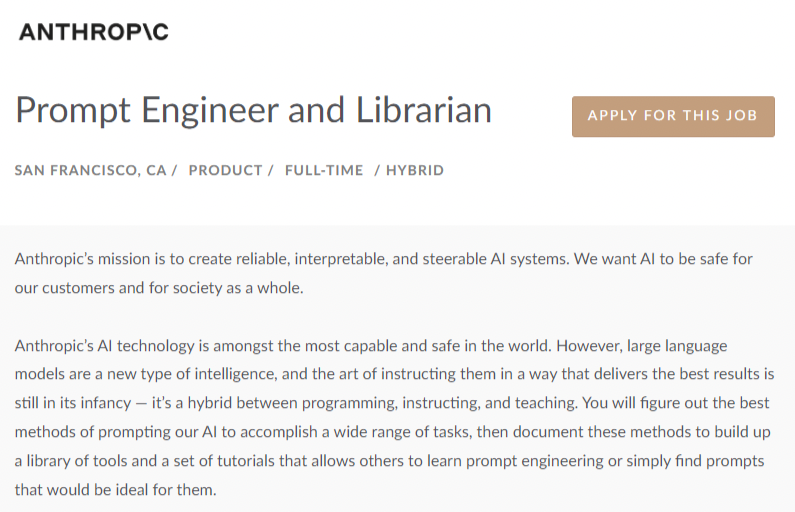 Anthropicでは、「プロンプトエンジニア兼ライブラリアン」を募集しており、給与は175,000ドルから335,000ドルとなっている。クレジット：Anthropic