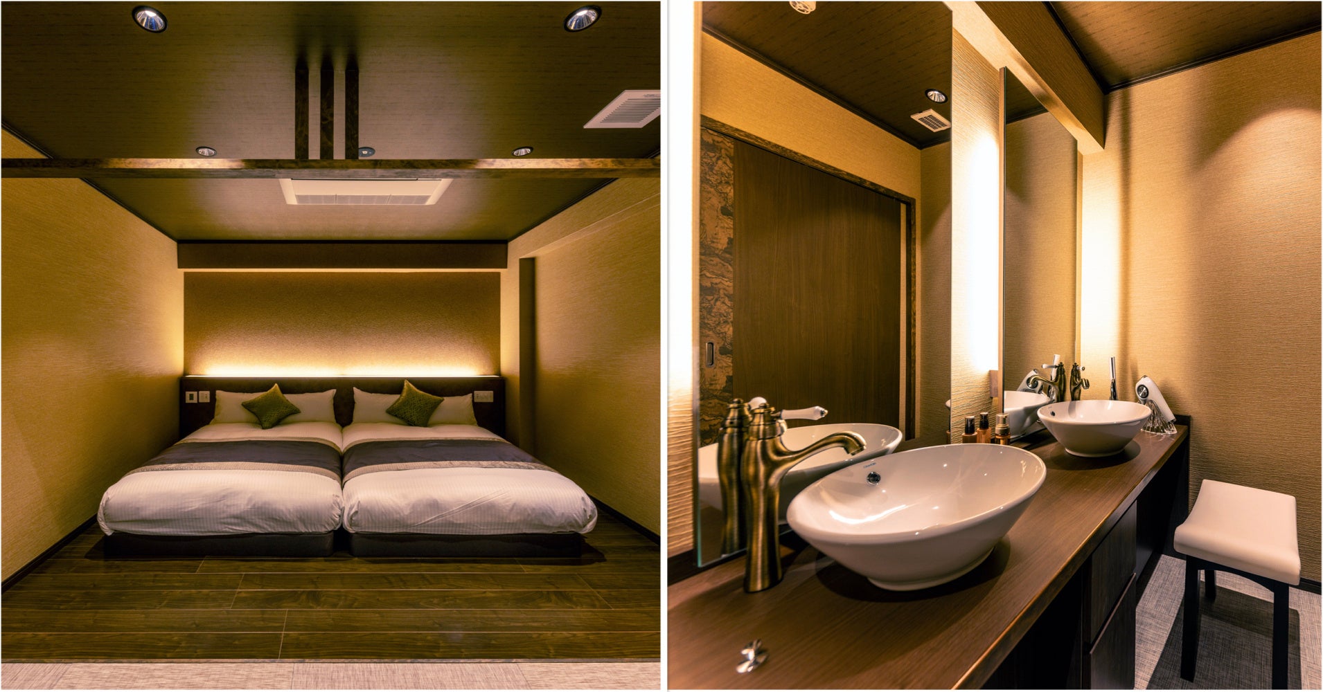 ベッドには、体圧分散、弾力、通気性などにすぐれる高級マットレスブランド「シモンズ」を採用。洗面台は横並びで使える嬉しい２台♪