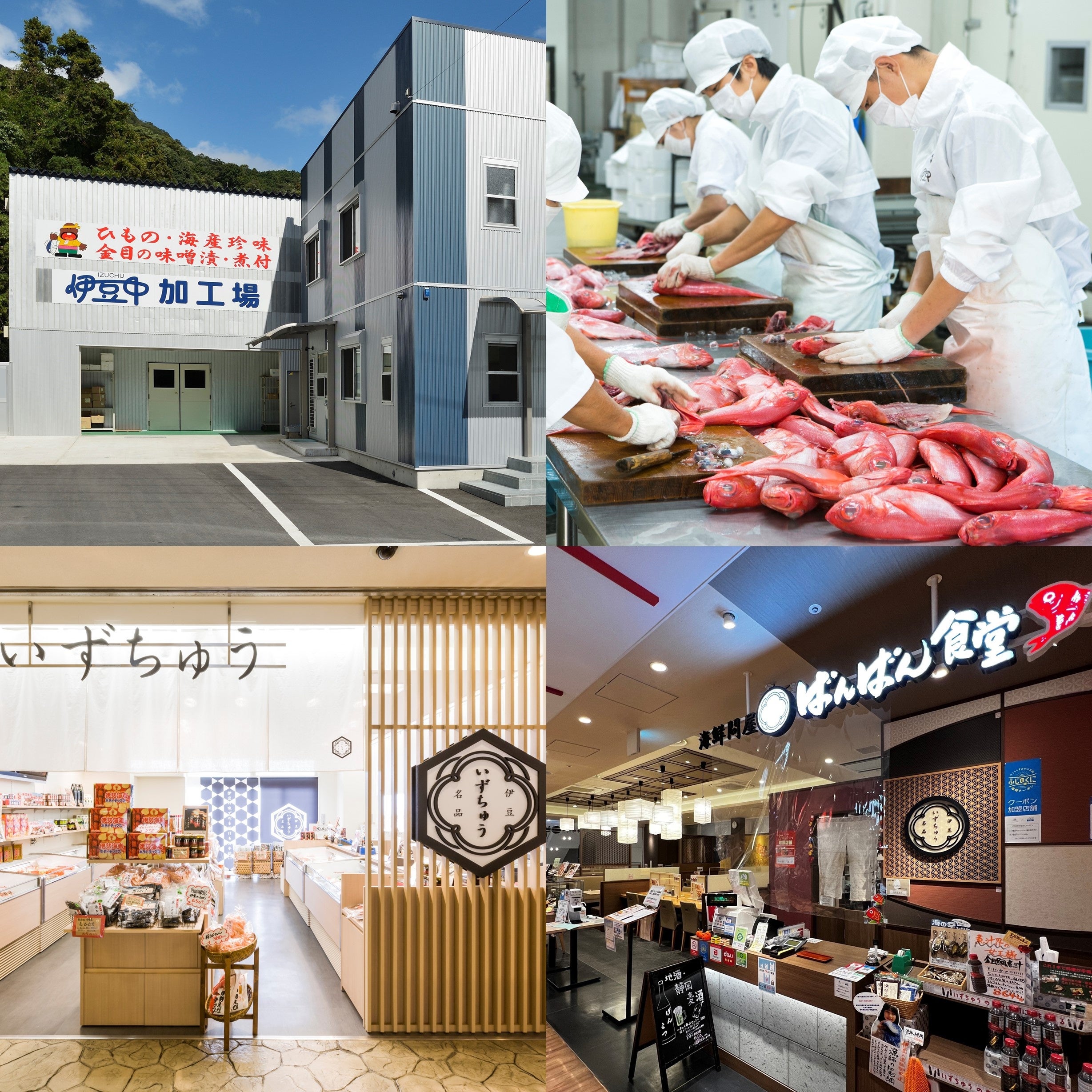左上から時計回りに：本社工場・加工場・いずちゅう伊東マリンタウン店・ばんばん食堂ラスカ熱海店