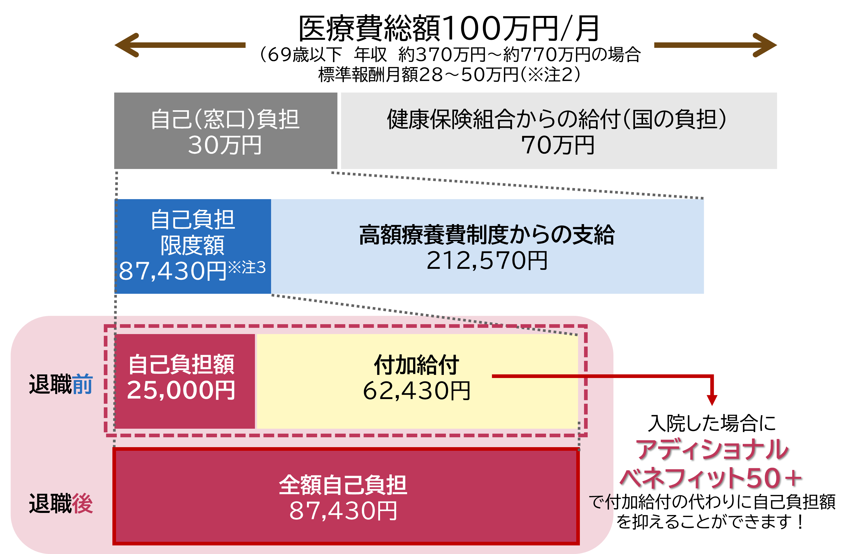 新保険商品「アディショナルベネフィット50+」のイメージ （1カ月にかかった医療費が100万円の場合）※注4