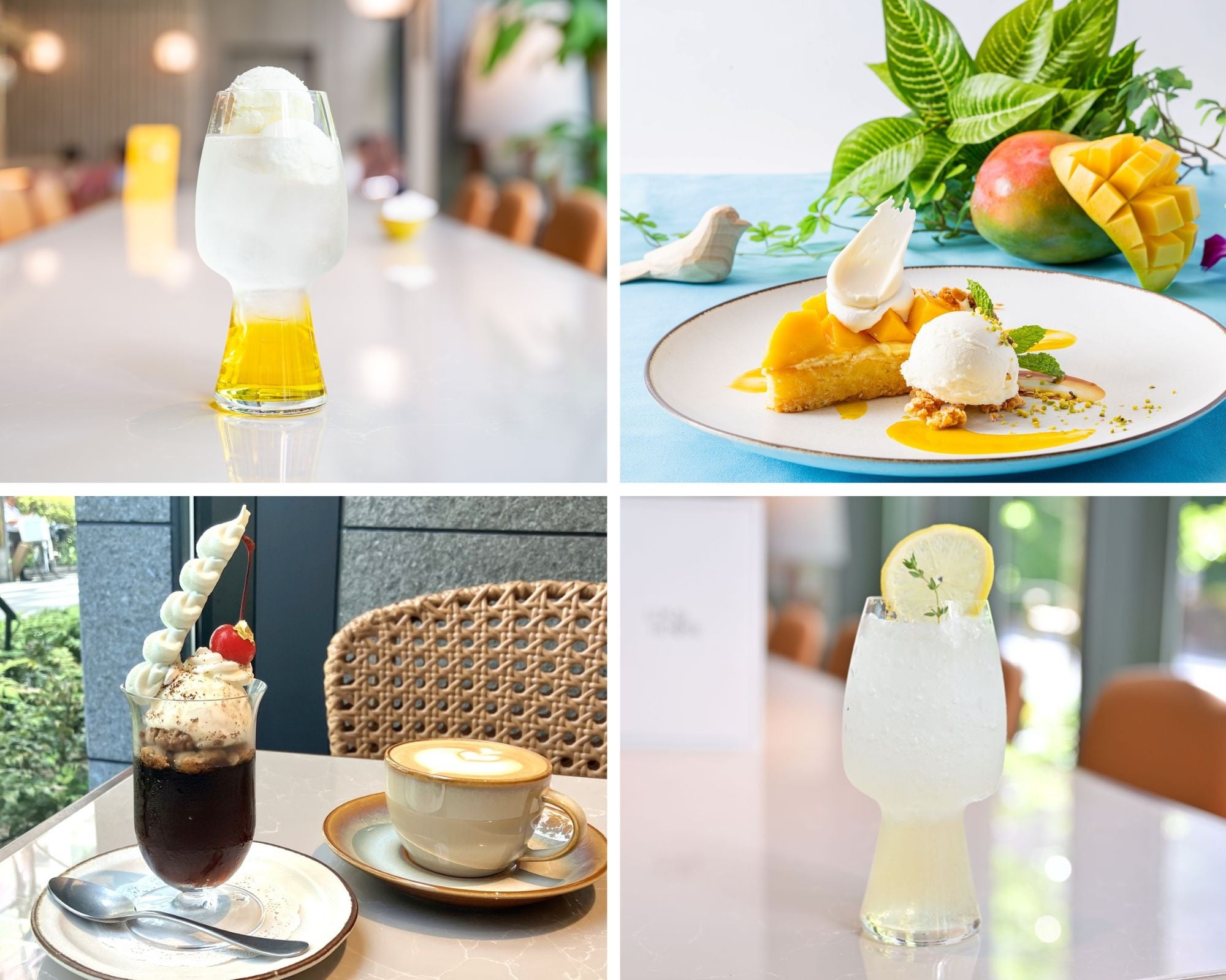 左上 メロンクリームソーダ、右上 マンゴーココナッツタルト、左下 コーヒーゼリー、右下 レモネード
